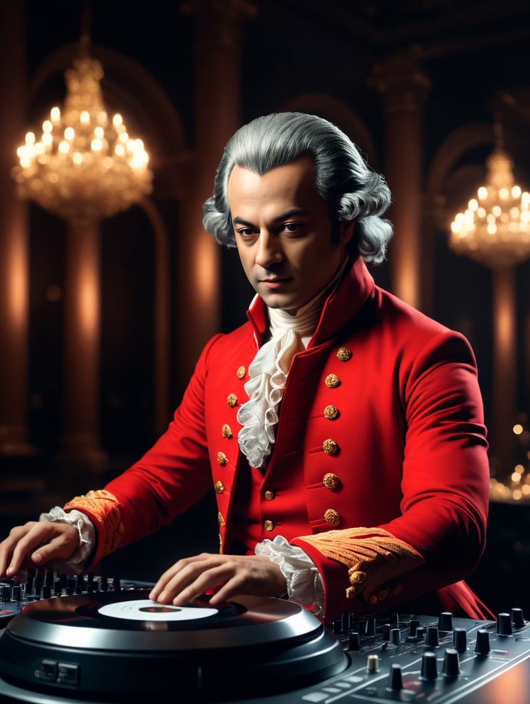 Wolfgang Amadeus Mozart in a 18th century red suit making music on a DJ table, Against the background of the interior of the palace full of guests, studio photo, professional photo, Bright and rich colors, Detailed image, detailed face,