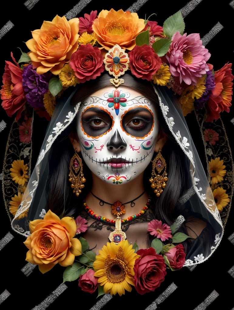 Isolated logo cutout of a dia de los muertos, Mexican girl portrait wearing veil over her head with a crown of flowers praying with a crucifix wrap in her hand carnival mask of the day of the dead