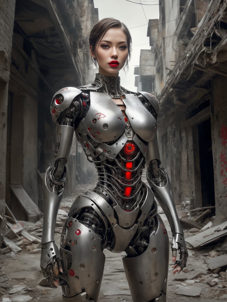 A photo of a slender female cyborg with red lips, standing in an abandoned alley, ready to fight, with wide hips and a skinny frame, while flirting with the camera. (robot:1.3), debris, blurry, reflective metal, from above, short hair
