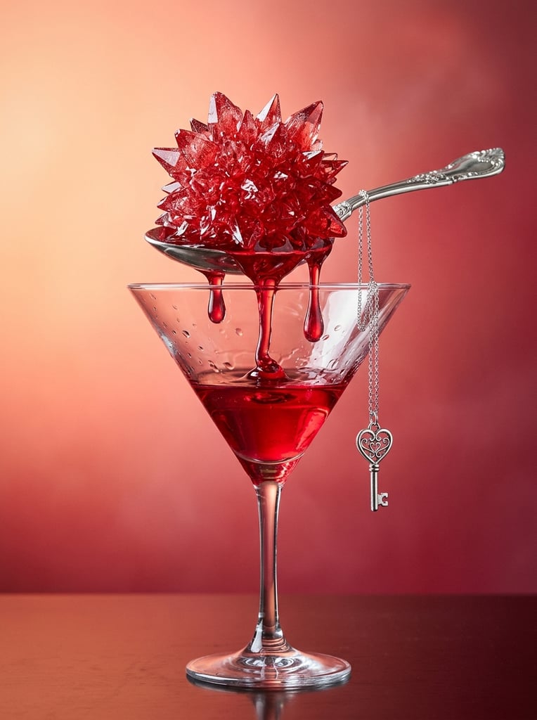 spiky translucent red mass on silver spoon, thick red syrup dripping into clear martini glass, dangling chain with silver heart key, hyper-realistic surreal still life, glossy reflections, peach to crimson gradient