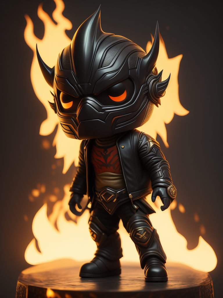 Full body 3d render of funko pop FIRE PHONIX IN JACKET, Indonesian face