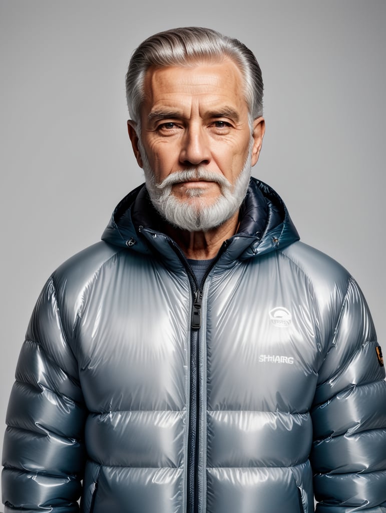 Inflatable white minimalist old man with beard puffer jacket, transparent, isolated, grey background, mockup