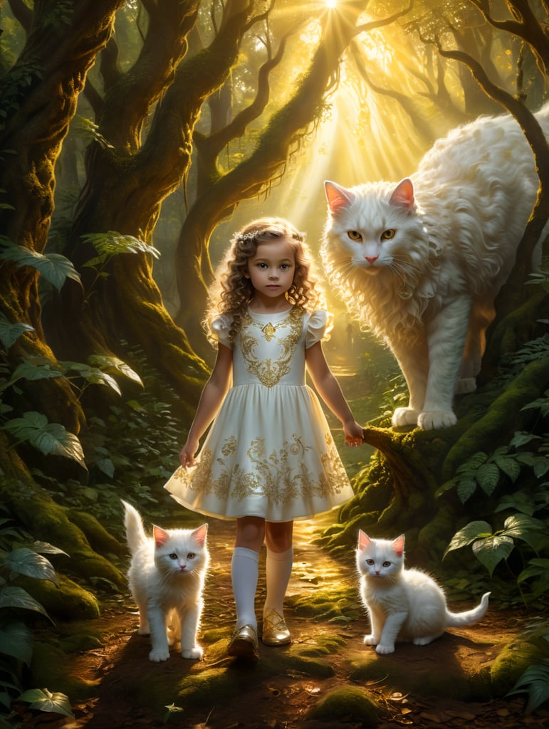 Girl 5 years old with long curly hair in dress standing in magical forest with white kitten in golden light