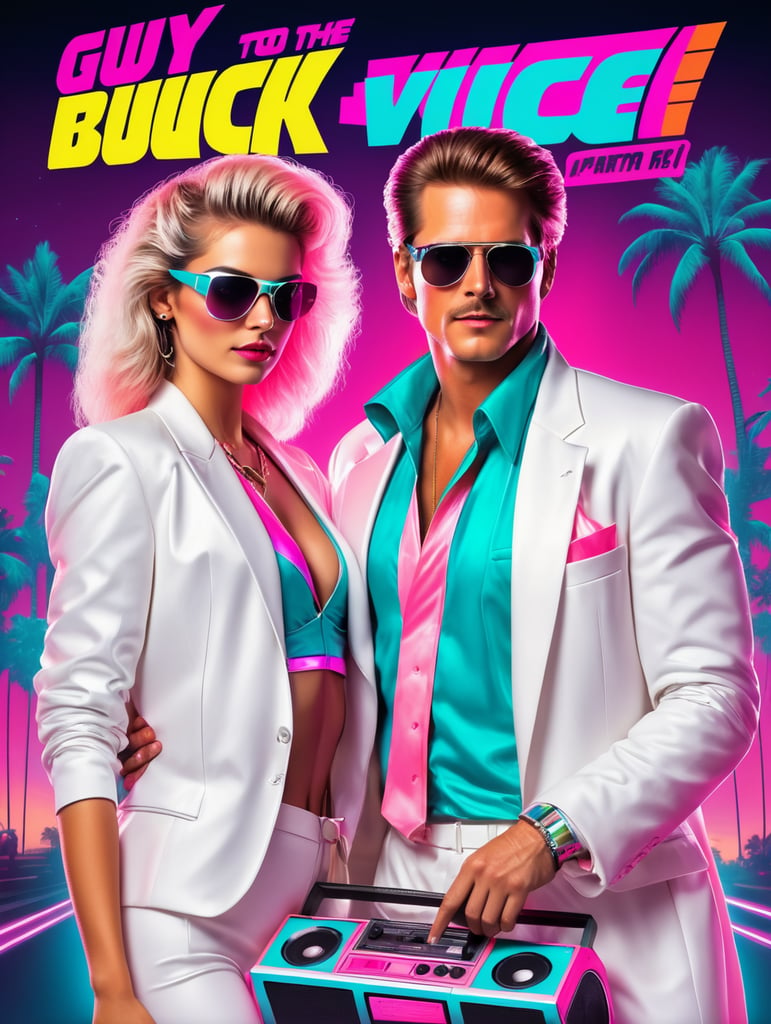 80's Back To The Future style retro party poster featuring guy and girl in white Miami vice suits, holding boom box, neon vibrant colours, synthwave, disco vibes,