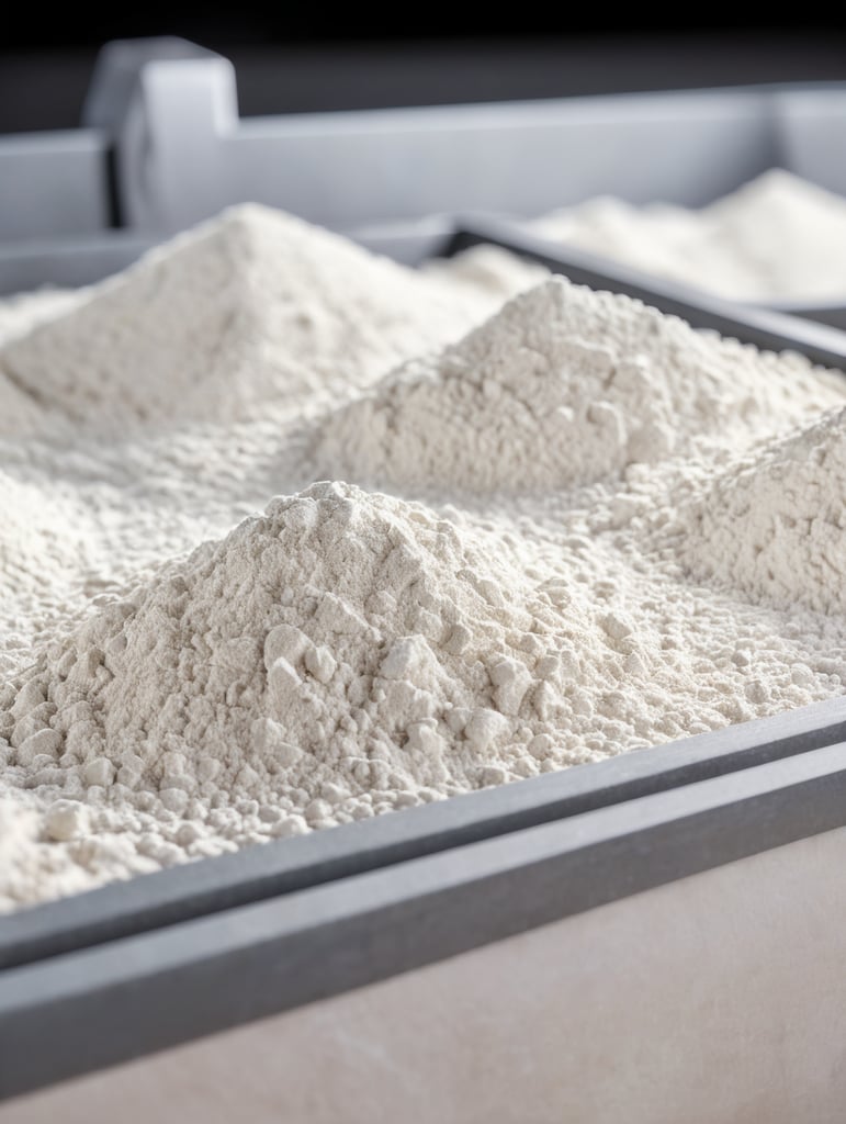 shallow depth of field 50mm lens, close up of fine limestone powder in a tray for direct air capture system