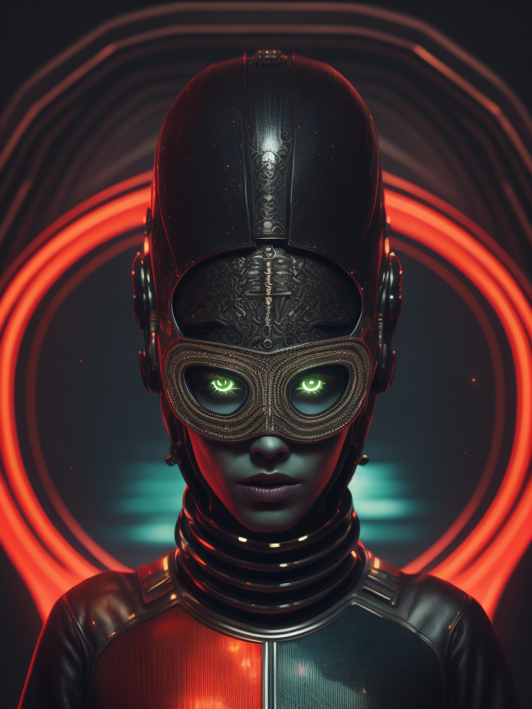 Contemporary humanoid woman alien with a cyber tech mask, neon equalizer, minimalistic design, romantic, lovely combination of pastel analogous colors, jet black, neon red, vantablack, photographed by Romina Ressia, film still from wes Anderson, medium shot fashion, award winning photography, arty pose, fashion, diaphanous layered ultra haute couture, spectacular