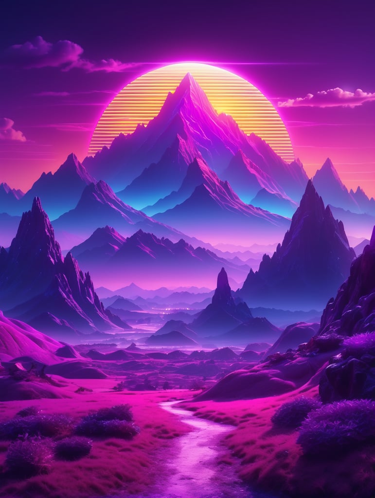 professional photography of a luxury retrowave landscape, purple neon lights, sun, mountain in the middle, fantasy world look, high dynamic range color, strong highlight, volumetric light