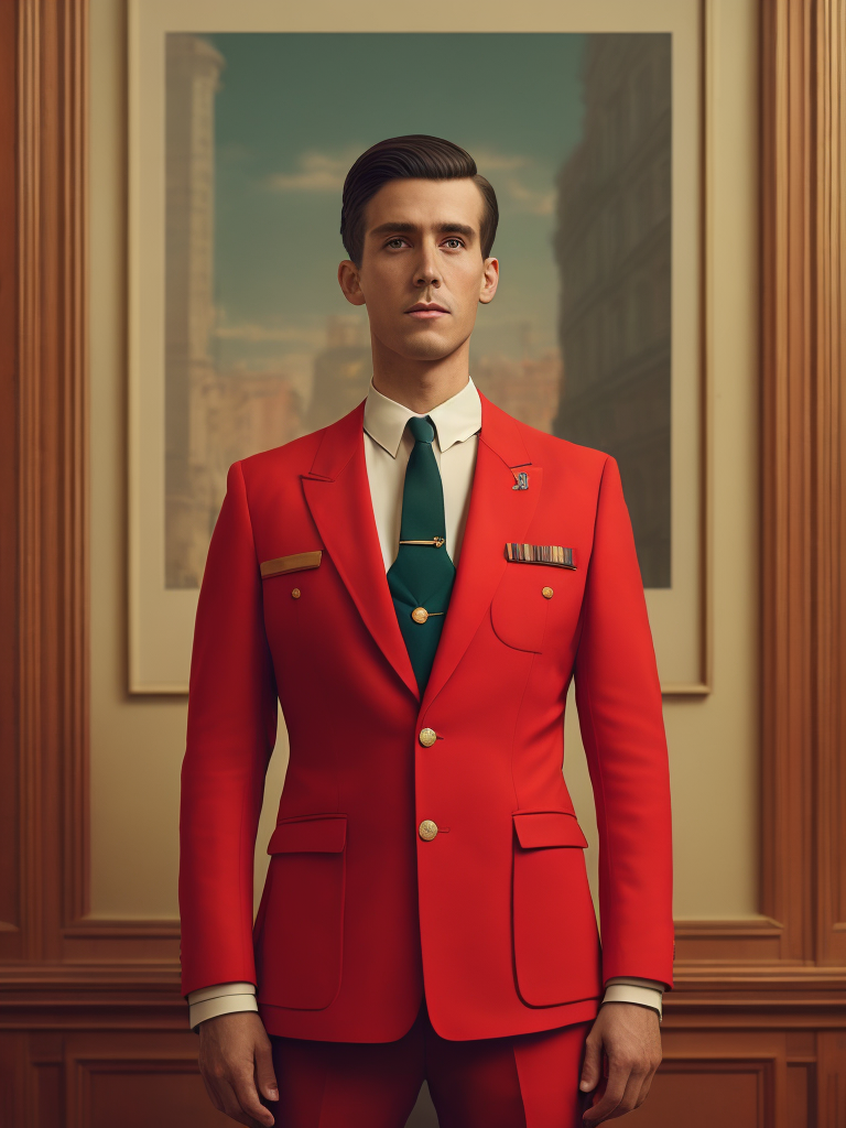 Vintage Portrait of hotel porter, Red uniform, Wes Anderson style, Incredibly high detail, Bright colors