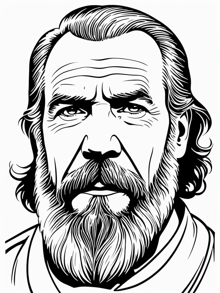 Leo Tolstoy, in the style of basic simple line art vector comic art on white background
