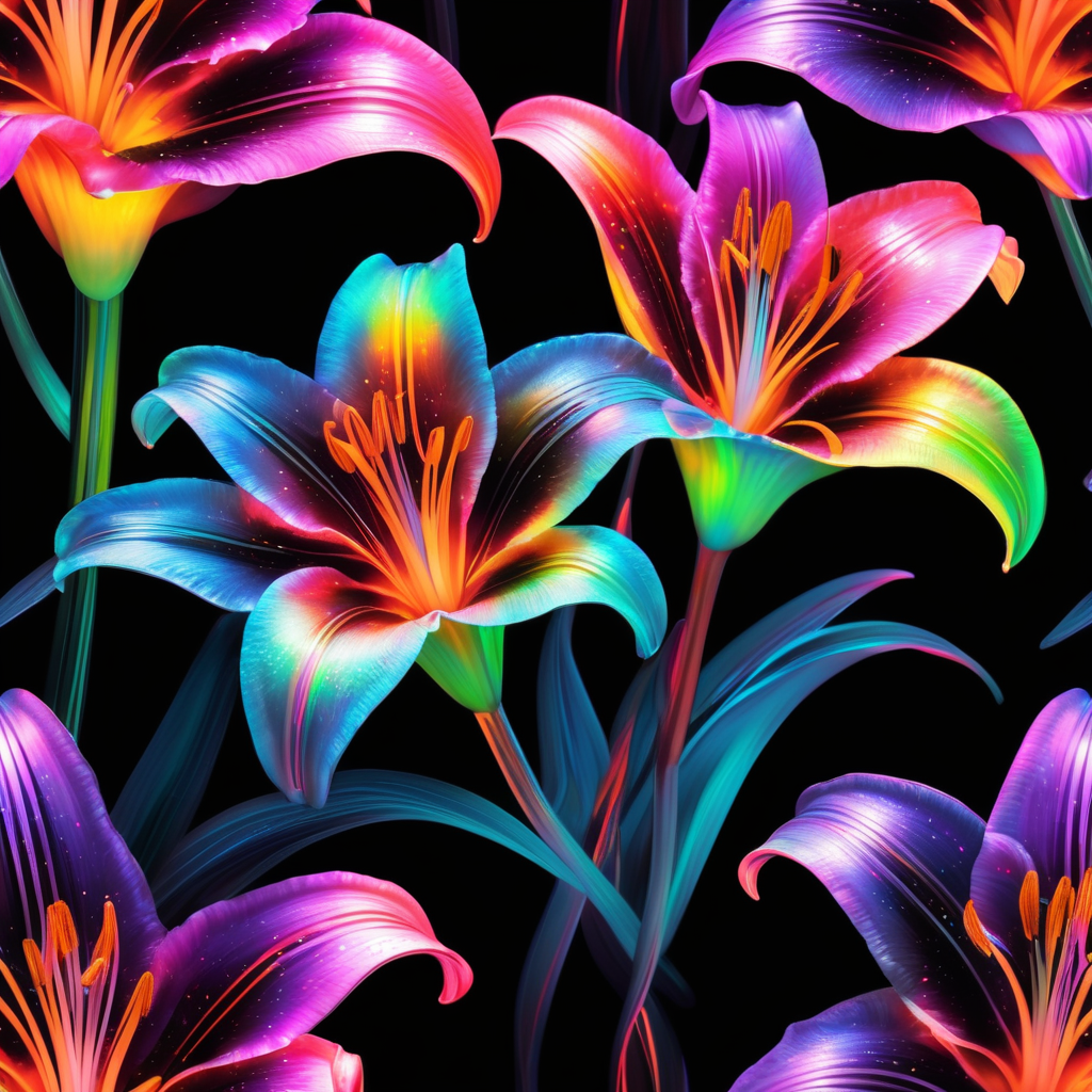 holographic neon lily with a black background