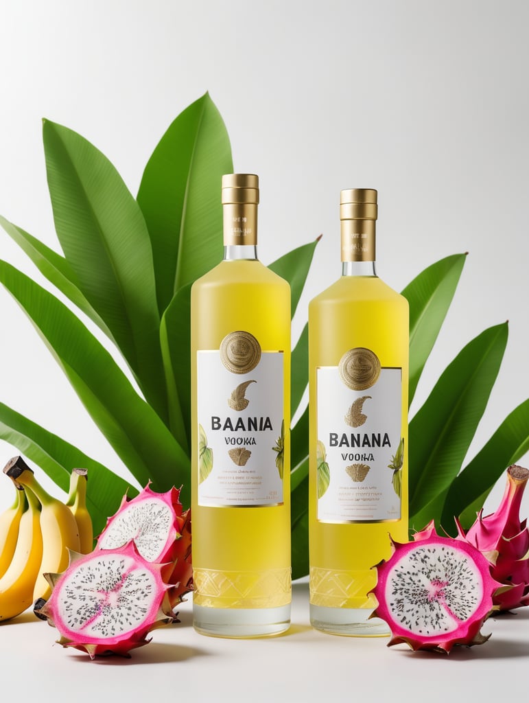 Packaging and branding for a banana vodka brand as if it had been designed by HI ESTUDIO with In a set design with banana, dragon fruit and dry banana leaves.