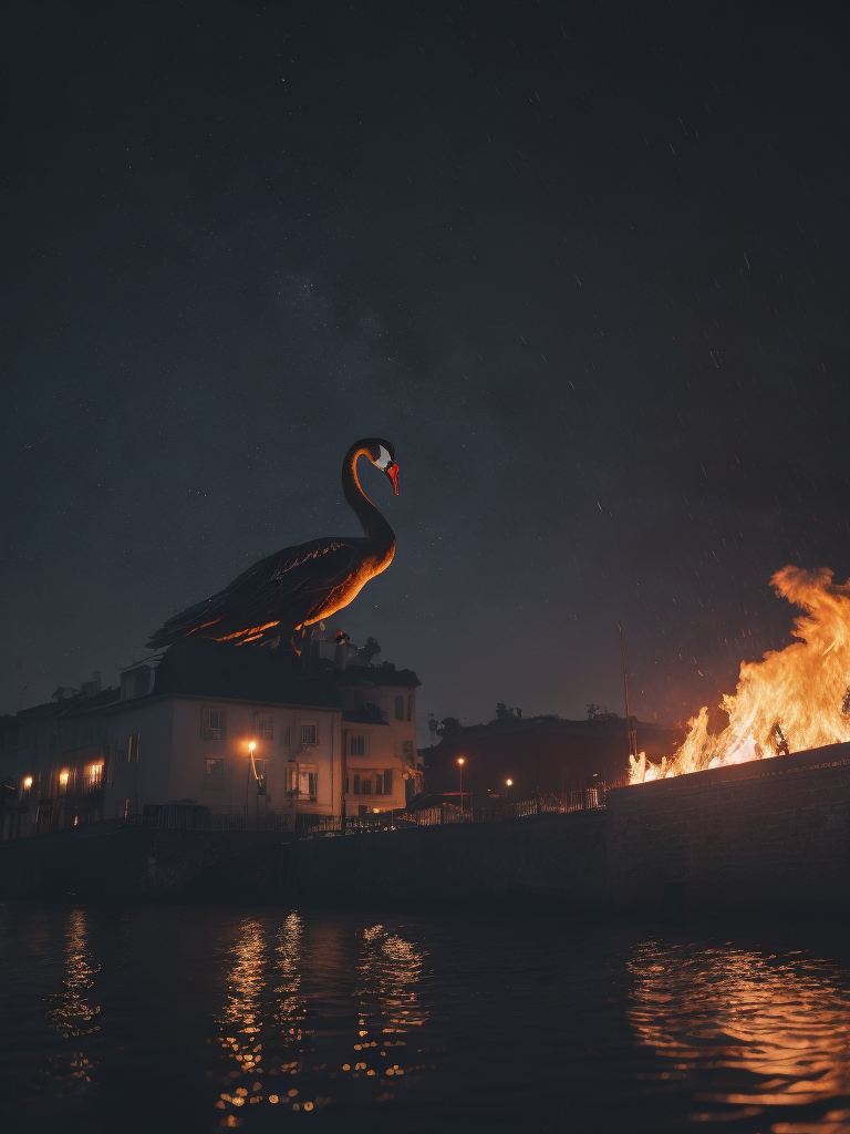 A black swan with red eyes swimming in a sea by night, flames and burning buildings in the background