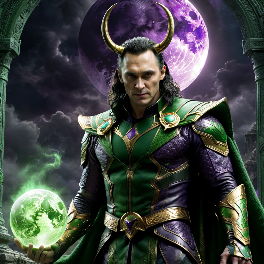 Loki, magician, green magic, purple moon, god, end of the world