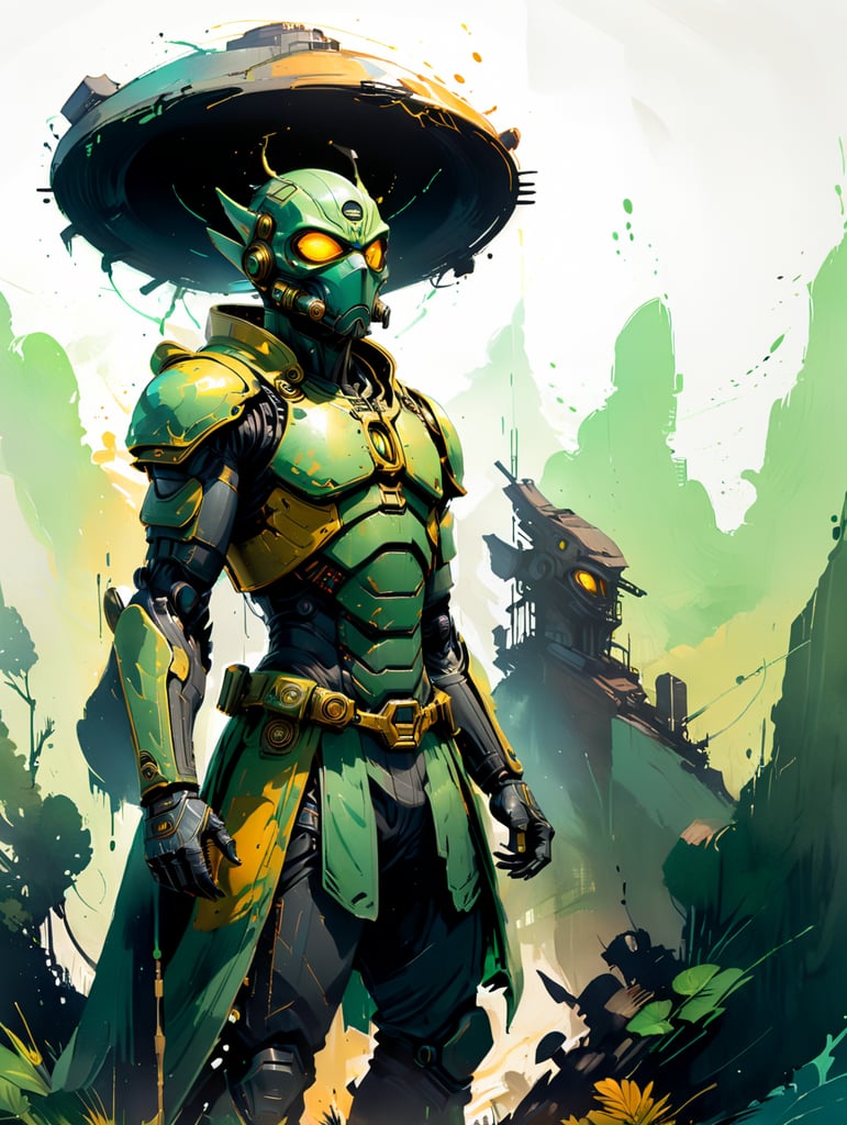 kyuzo species, full body, science fiction, green alien character, yellow eyes, shield as hat, breathing mask, blaster rifle, wearing log robes over light armor, ralph mcquarrie style