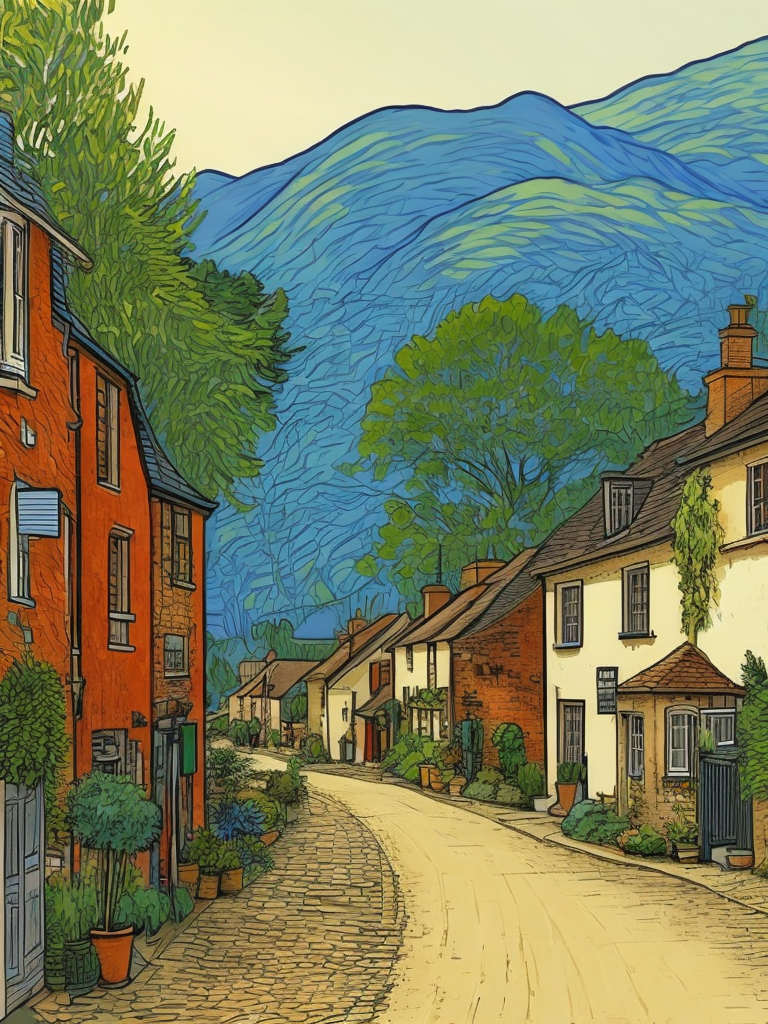 Color line drawing of an english village, van gogh style painting