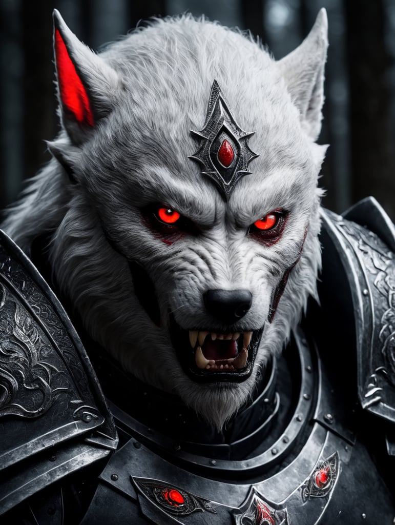 White werewolf elf assassin wearing armor with glowing red eyes