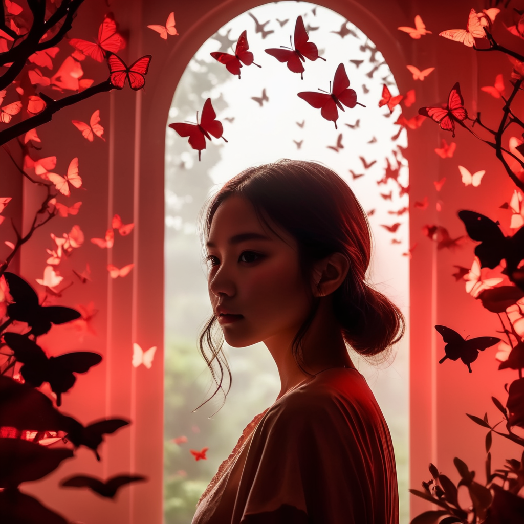 Paper cut scene, paper cut girl in the foreground, red lighting behind her, mystical atmosphere, paper cut butterflies flying around
