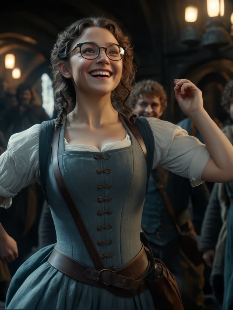 Hobbit woman, female, girl, short, long curly brown hair, big smile, eyeglasses, freckles, hobbit, fantasy, lord of the rings, tolkien, barefoot, hobbit clothes, the shire, lord of the rings movies, smart, intelligent, happy, dress, underbust corset.