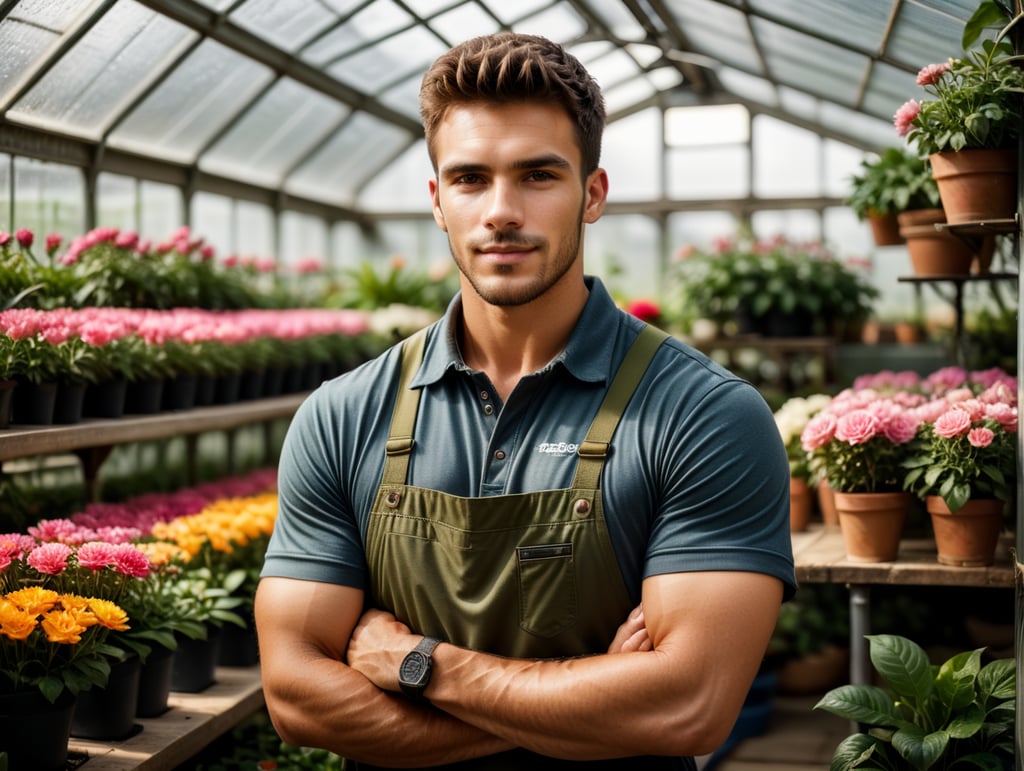 Realistic photography of a handsome young male florist gardener posing in greenhouse. Small business owner in flower shop