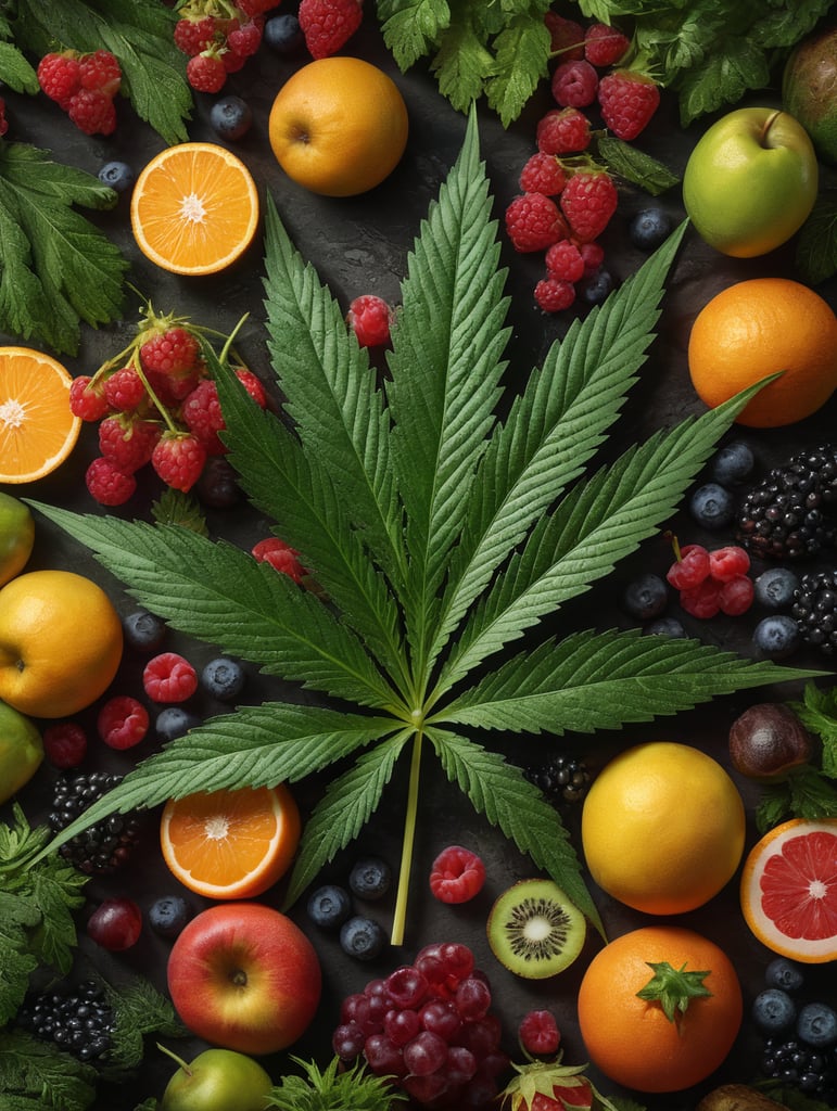 Photorealistic cannabis leaf surrounded by exotic fruit, berries, and vegetables