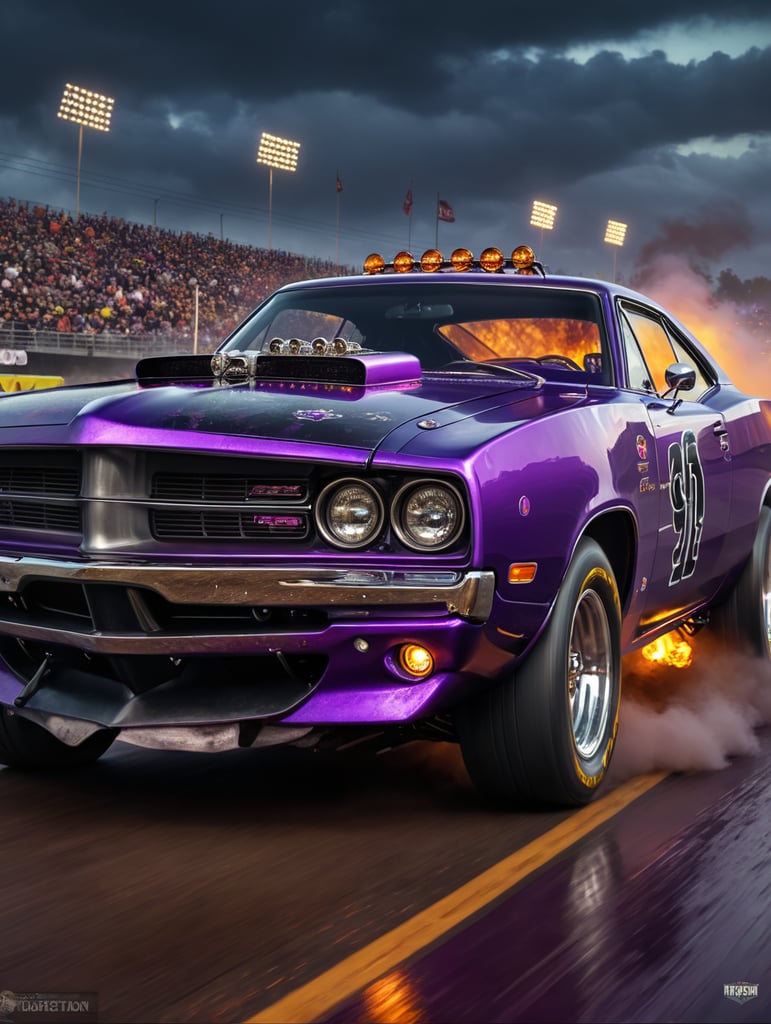 Souped up purple halloween dodge charger, drag racing death on a horse