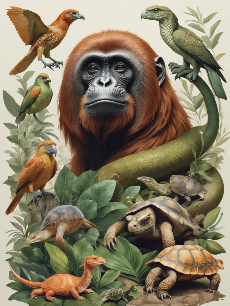 animal mixed with a lizard, orangutan, snake, bird, and turtle
