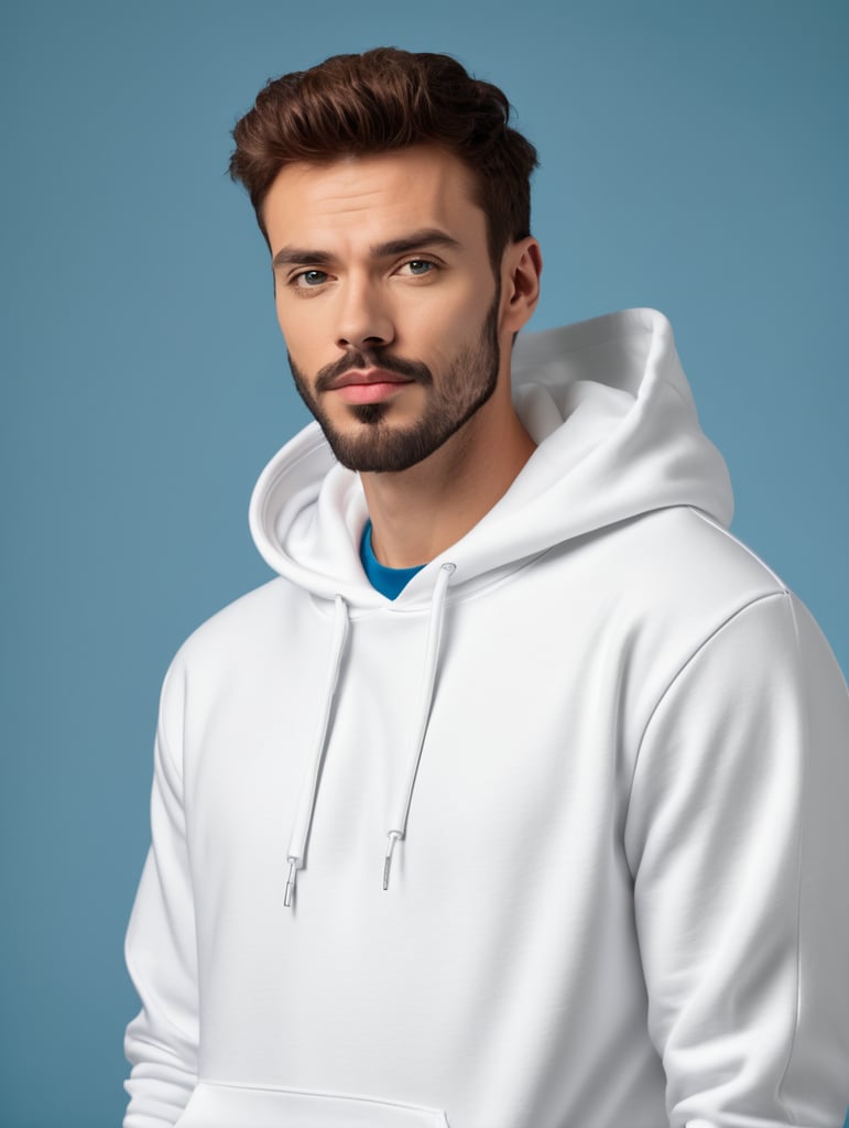 photography of a man wearing blank white hoodie, isolated, blue background, style of James Bidgood, mockup, mock up