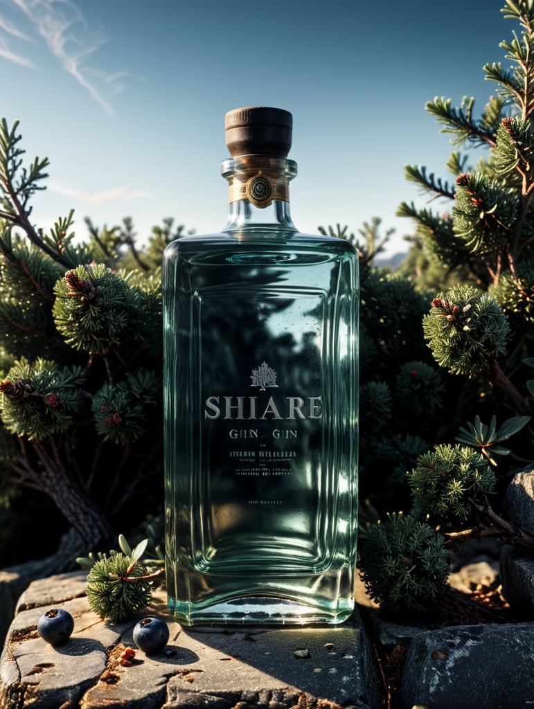 professional photography of a square gin bottle, square bottle, surrounding a juniper and juniper berries, one shot of gin in a front, no label, clear, mockup