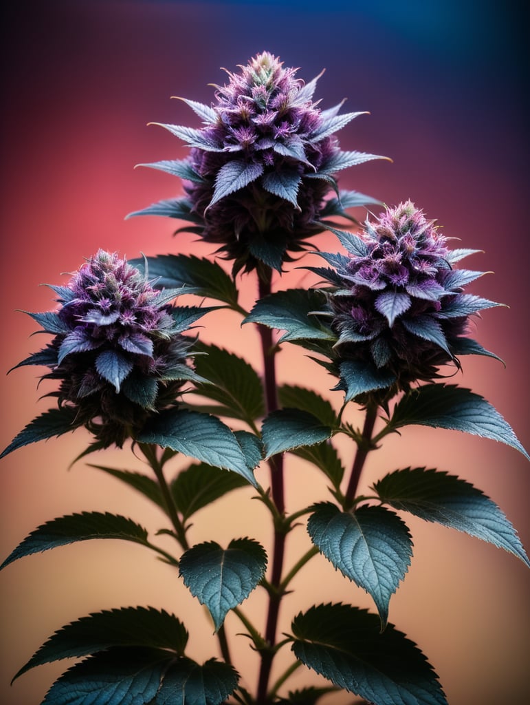 Purple cannabis flowers with a red and blue background lighting
