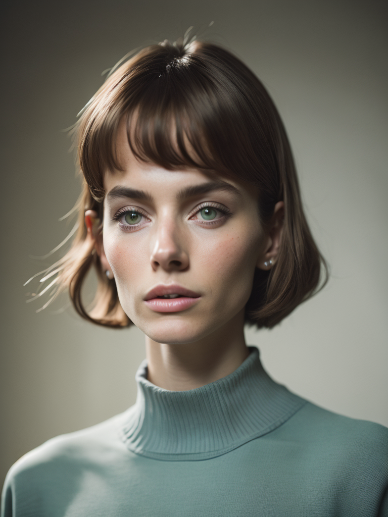 Portrait to the waist of twenty years old girl with green eyes in sweater tight-fitting figure, 1964 year, sixties, 1960's haircut, Britain culture, light and pastel colours, 8k, kodak film colour, 35mm lens, sharp focus