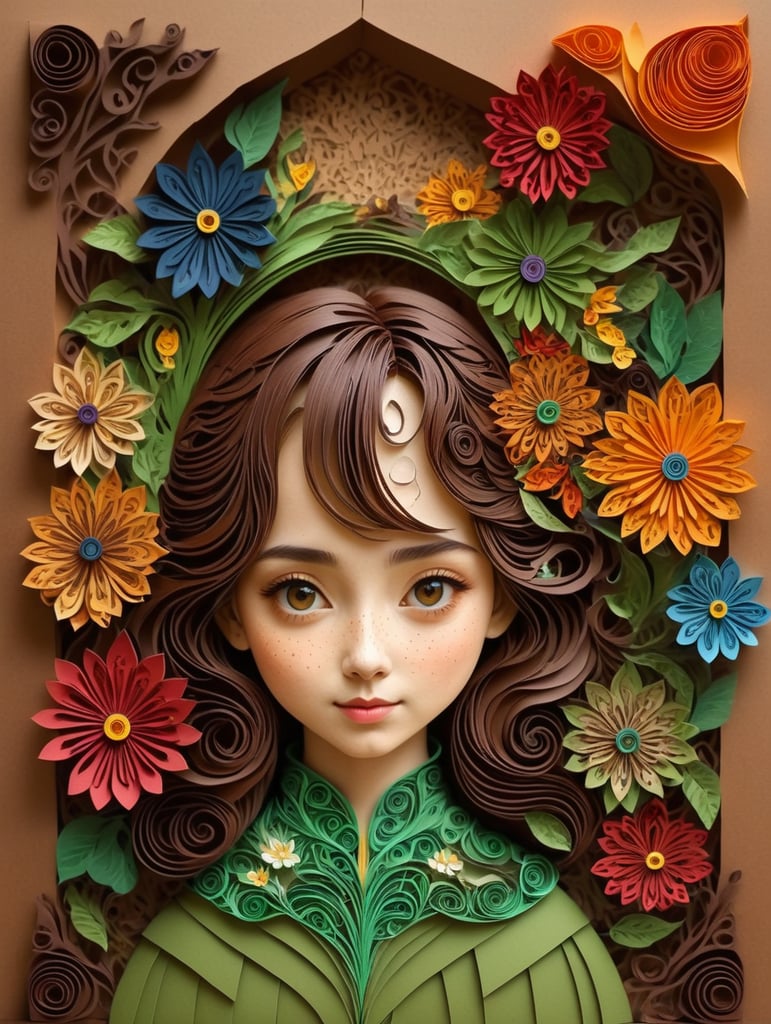 masterpiece best quality expressive eyes perfect face anthropomorphous flower girl brown body green leaves colorful flowers medieval fantasy text to image art digital art with enchanted forest as background
