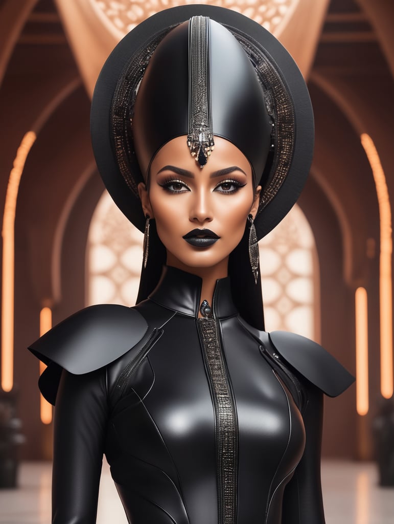 A tan-skinned Moroccan female in an all-black sleek futuristic outfit, with a huge headpiece as the centerpiece, clean makeup, with depth of field. The outfit is fantastical, edgy, and regal themed, captured in vivid colors, embodying the essence of fantasy with a minimalist approach.