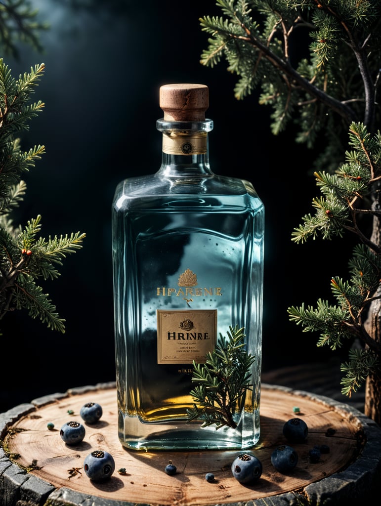 professional photography of a square gin bottle, square bottle, surrounding a juniper and juniper berries, one shot of gin in a front, no label, clear, mockup