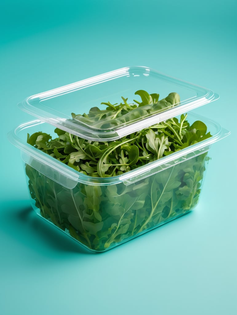 blank Transparent Plastic Container with Arugula Salad, isolated, cyan background, Mockup, mock up