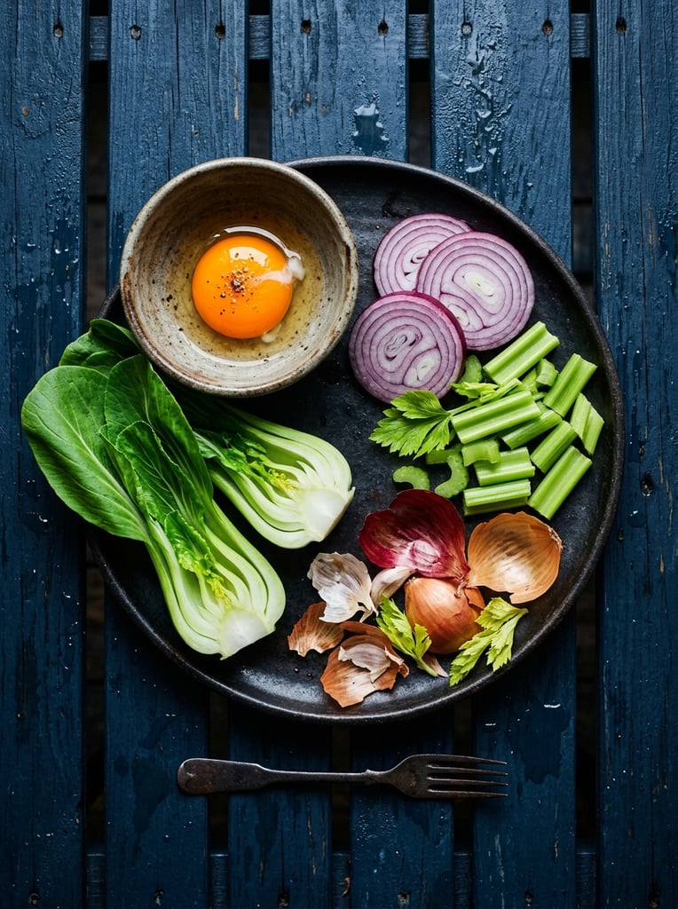 flat lay of raw ingredients on a dark plate, bright orange egg yolk in a small rustic bowl, vibrant green halved bok choy, sliced onions, celery, scattered dry skins, wet dark blue slatted wood background, moody dark food photography, top-down perspective, high contrast