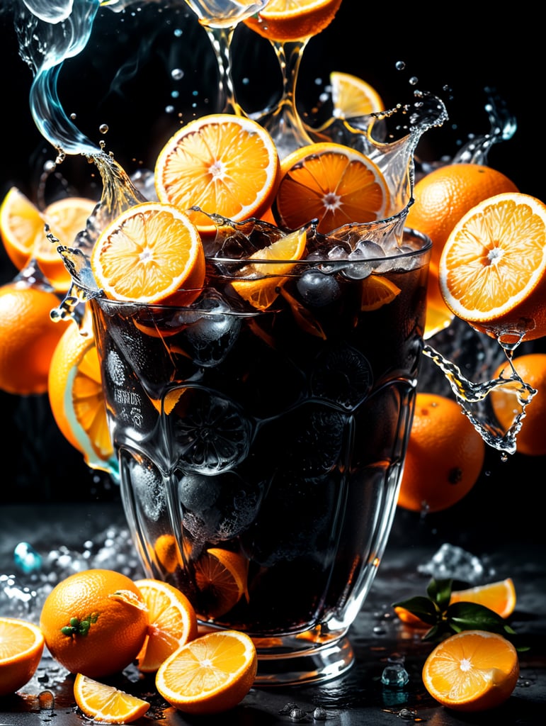 only Full oranges, and orange slices floating, mixed orange liquid, orange background, smoke, icy slushee, 4k photo-realistic