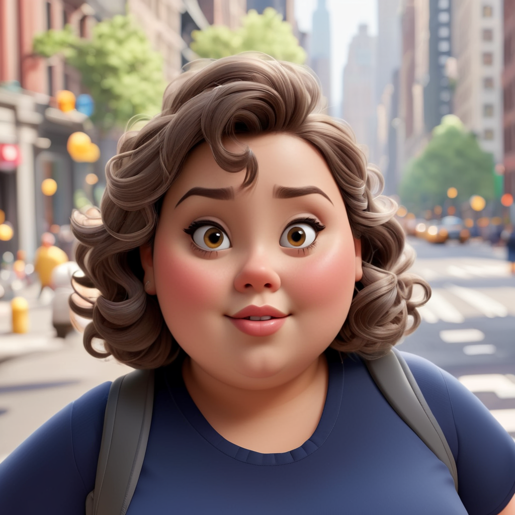 Create a girl, chubby, brunette, curly hair, gray hair, wide nose, full lips, round eyes, Disney-style drawing, she is walking through the streets of New York, Pixar, 3D, Disney