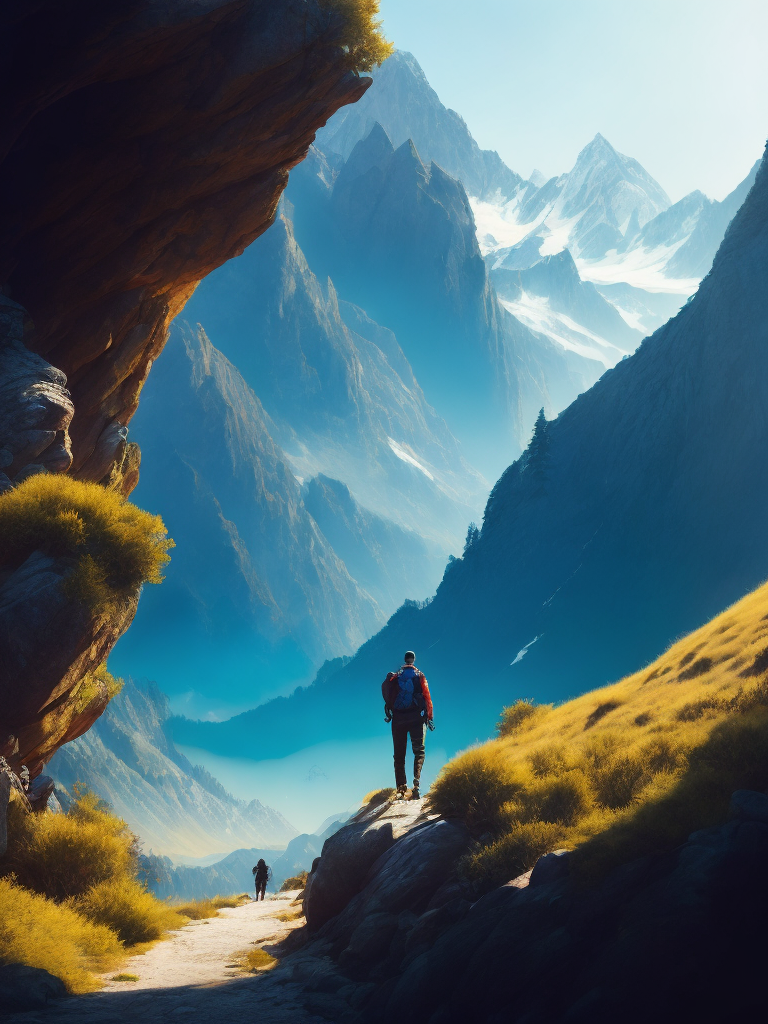 Man hiking in a mountain, brilliant blue sky, serene, peaceful, majestic, high detail, landscape, ultra hd, matte painting, highly detailed, concept art, contrast light, deep colors