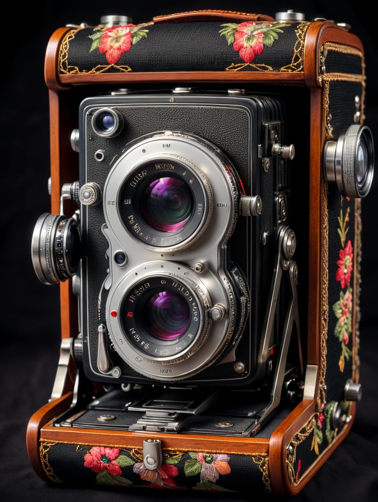 Vintage camera nicon, decorated with textile, fabric case, isolated, black background