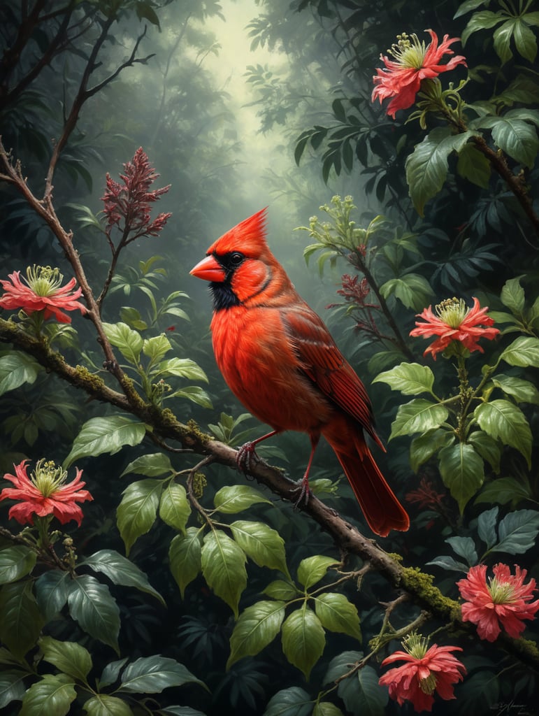 An Edwardian botanical oil painting, illustration of a red cardinal bird on a branch surrounded by flora and fauna