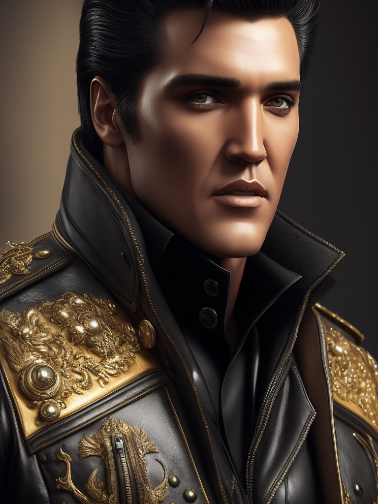 Portrait of Elvis Presley wearing a black leather jacket, studio photo, professional photo, Bright and rich colors, Detailed image, detailed face