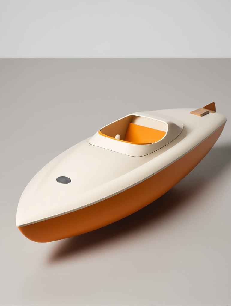 Bath toy chubby 1950s high speed racing boat designed by Dieter Rams. Simplistic minimalist post modernist product design. Oak and injection molded plastic. Full object in view.