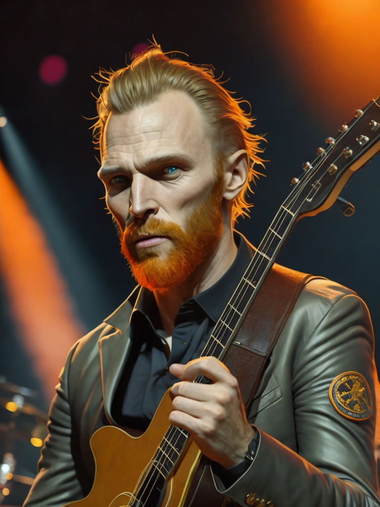 Rock star vincent van gogh on stage with his band at a big festival, van gogh style