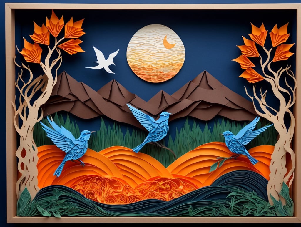 blue bird silhouettes, moon over mountain range, lake, trees, blues, greens and oranges, open space in middle, orange fruit, blue background