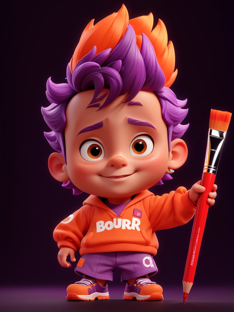 3D streetwear child character with brush and pencil inside 3d editor interface, paint curves at the black background, red and orange and purple colors