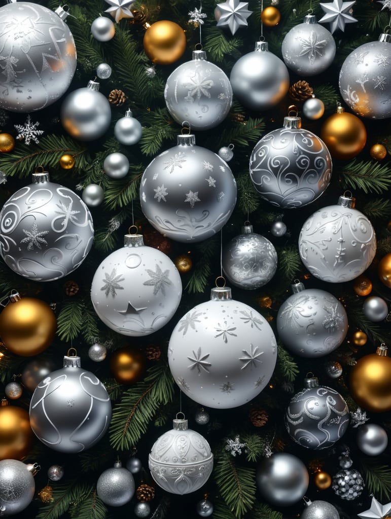 luxury Christmas items floating on a silver and white christmas themed background, 4k, super realistic