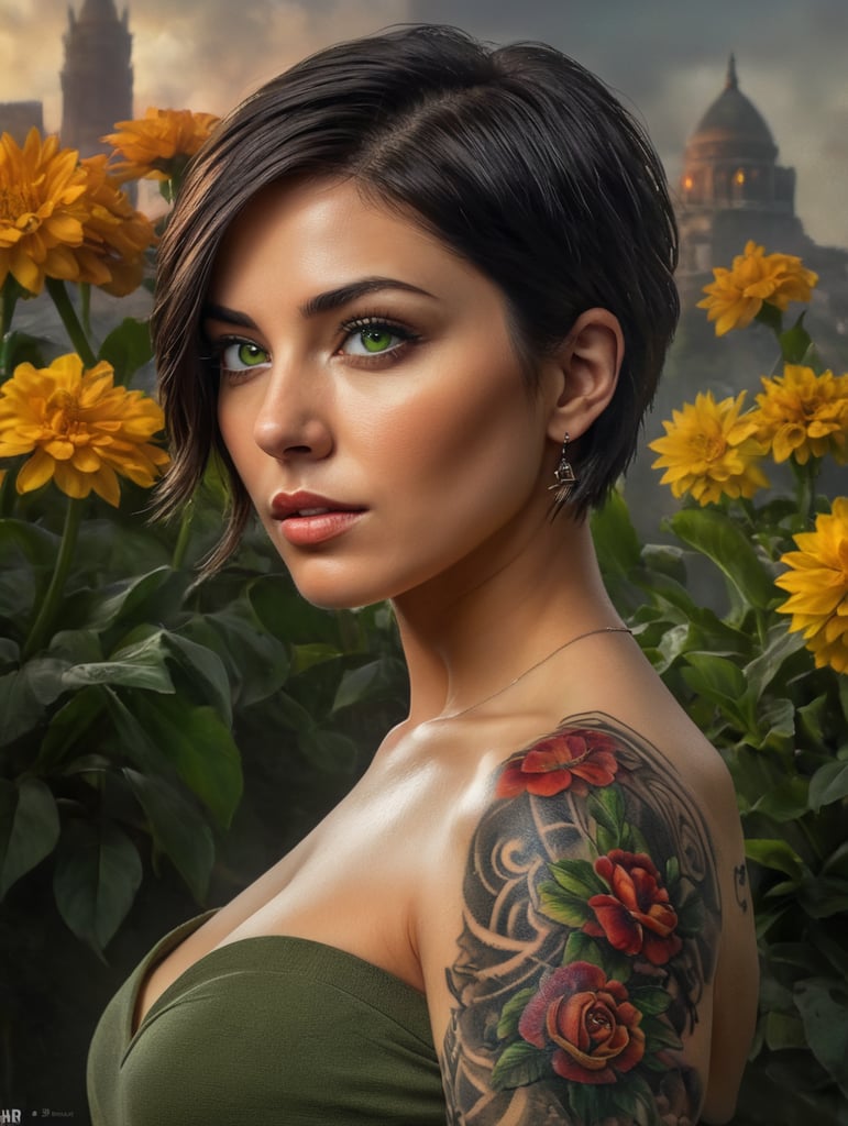 headshot lady with short dark pixy cut hair, green eyes, strapless shirt, tattoo on arm, realistic, smooth skin, painting, flowers in the background, dark moody, mistcal, dramatic