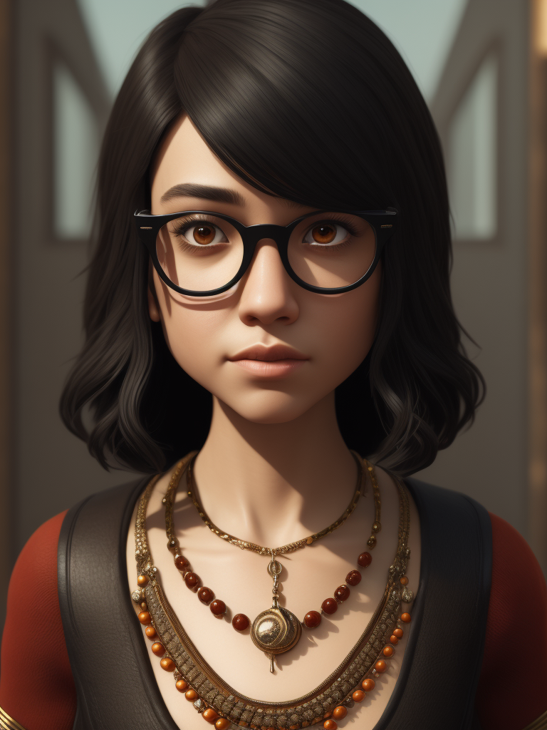 Girl, black hair, Brown eyes, glasses and necklace, Full body, standing centered, Pixar style, 3d style, disney style, 8k, Beautiful, Pixar style girl with black hair brown eyes glasses and necklace