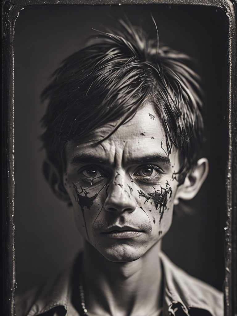 a wet plate photograph of a scary Pinocchio with dark bob haircut, neutral emotions on his face