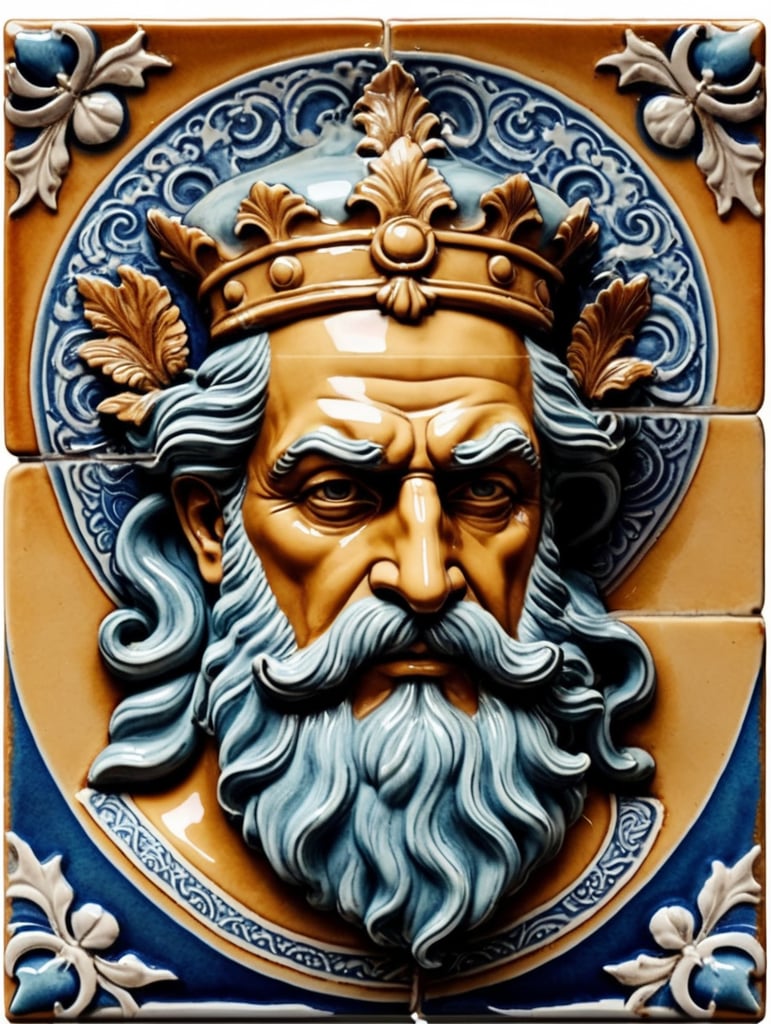 Square ceramic glazed tile with medieval art Poseidon head, Azulejo